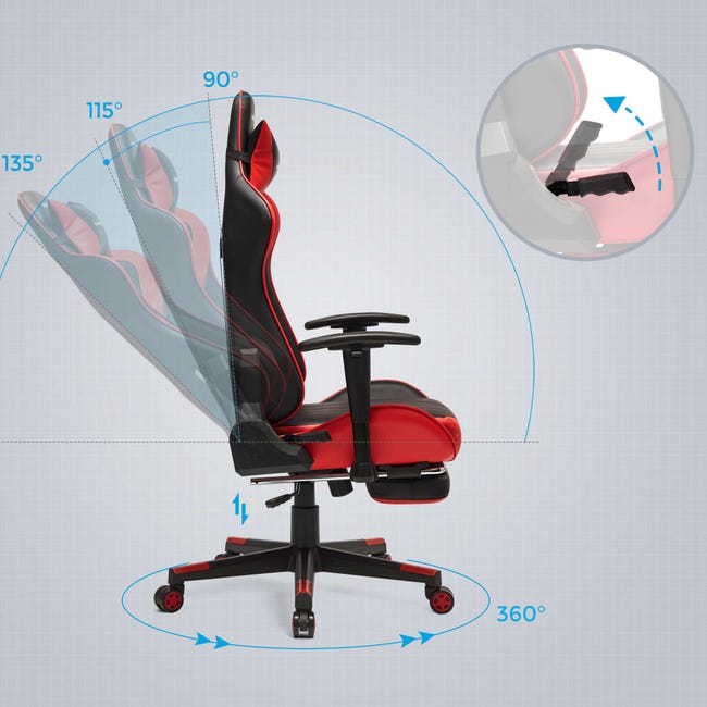 Fauteuil gamer, Chaise gaming, Siège de bureau réglable, avec repose-pieds  télescopique, support lombaire, charge 150 kg, Noir et rouge