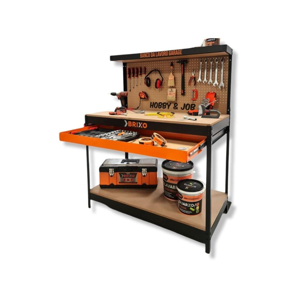 Banco Da Lavoro Con Armadio E Cassetto - 120x85x60 Cm, Grigio Con Piano Acero - Foto 4