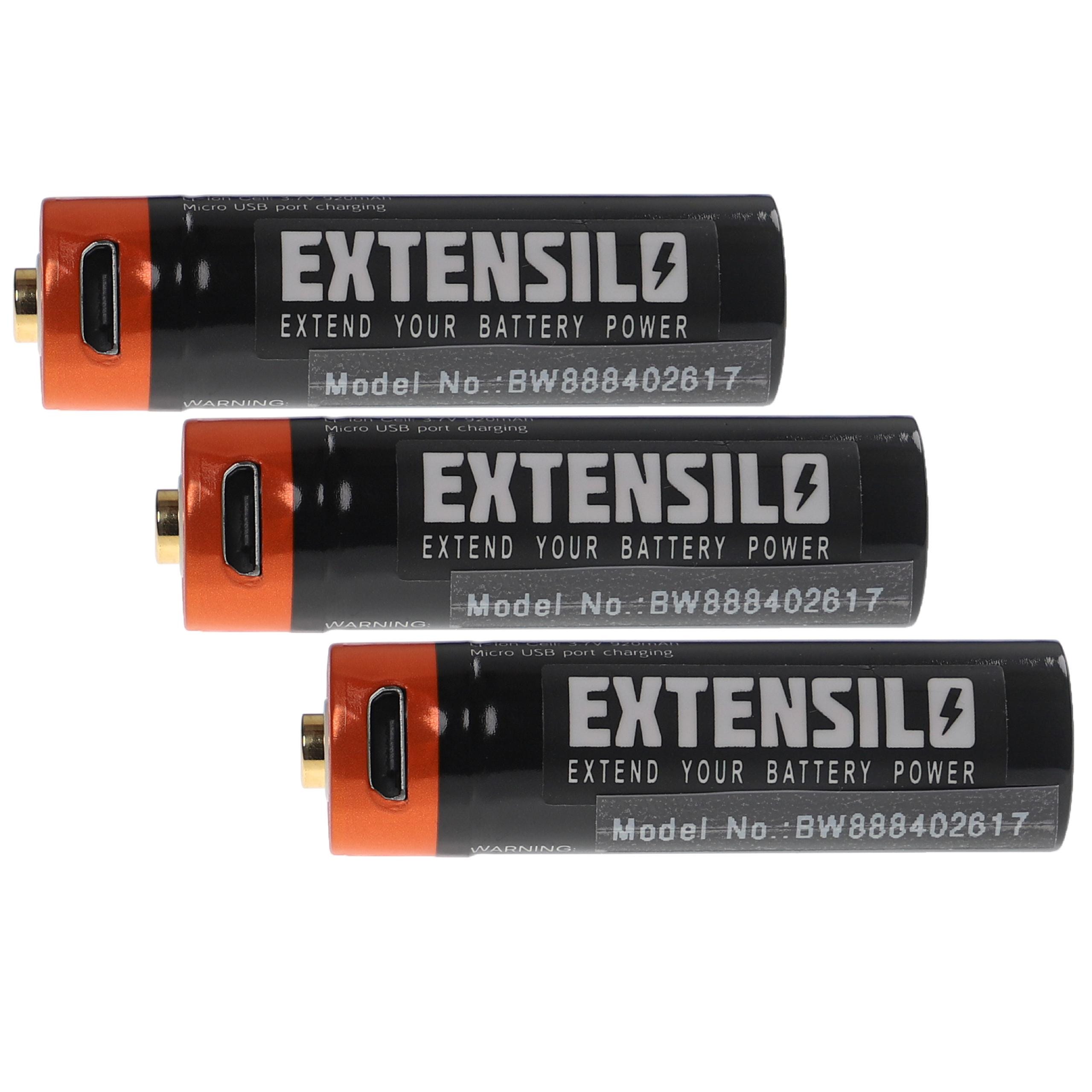 EXTENSILO 3x Piles rechargeables AA mignon (AA) avec prise micro