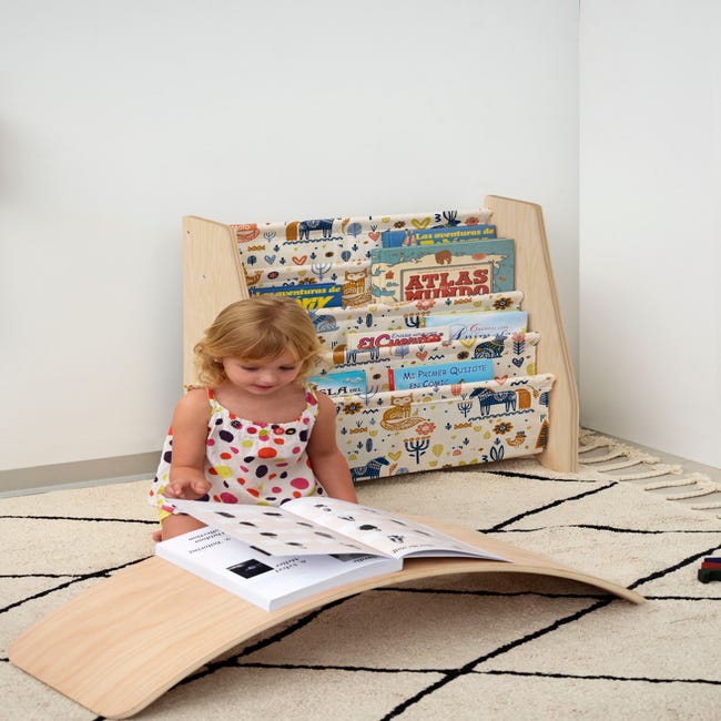 Librería infantil montessori estantería 4 niveles de madera y tela