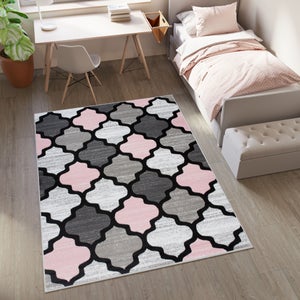 TAPISO Pinky Tappeto per Cameretta dei Bambini Rosa Grigio Nero Geometrico  Treillis Gioco 120 x 170 cm