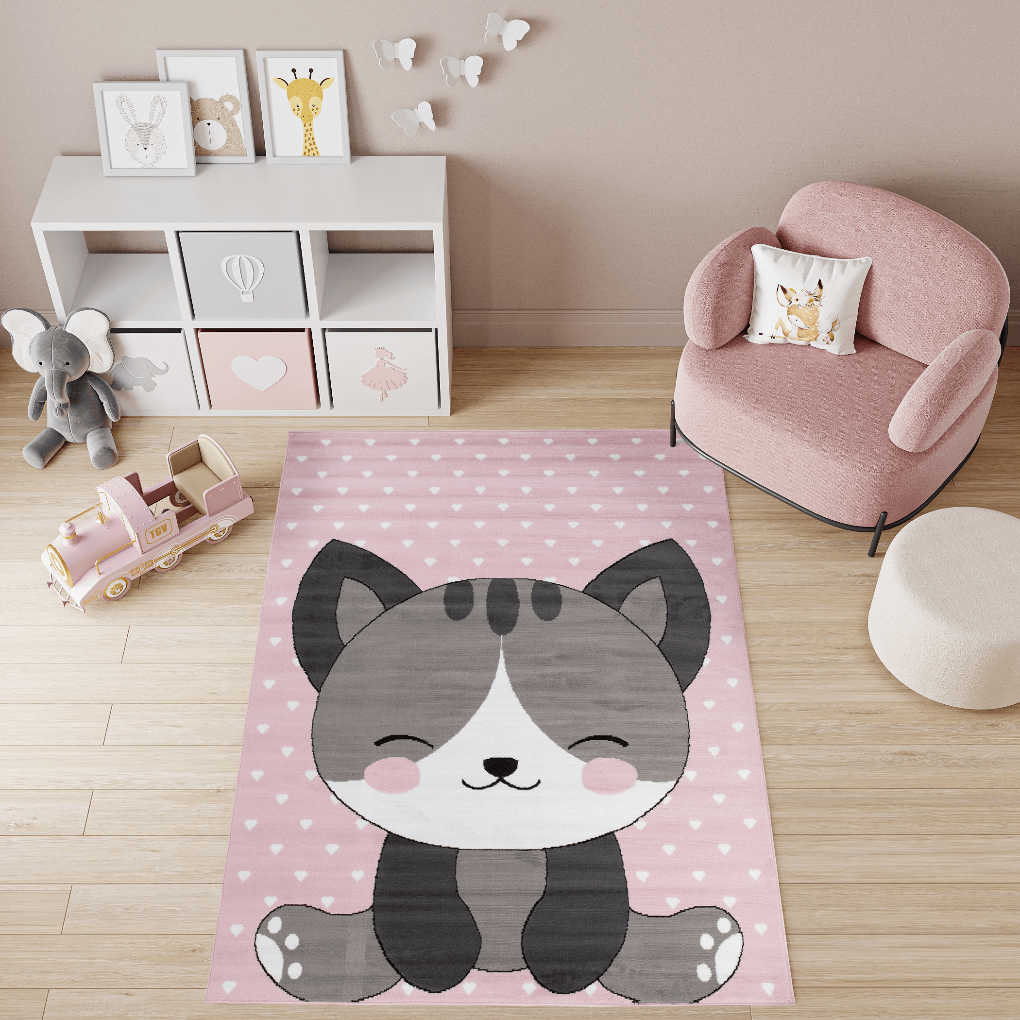 TAPISO Pinky Tappeto per Cameretta dei Bambini Grigio Rosa Bianco Gatto  Gioco Sottile 80 x 150 cm