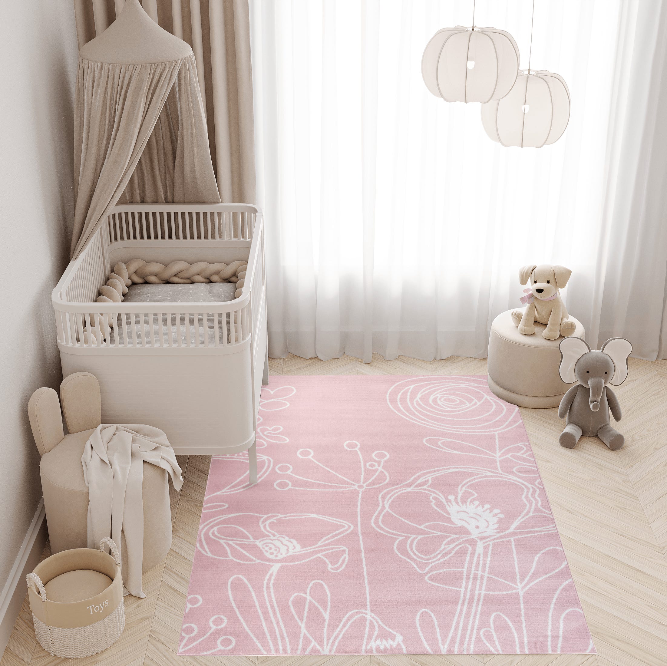 TAPISO Pinky Tappeto per Cameretta dei Bambini Rosa Bianco Fiori Foglie  Gioco Sottile 160 x 220 cm