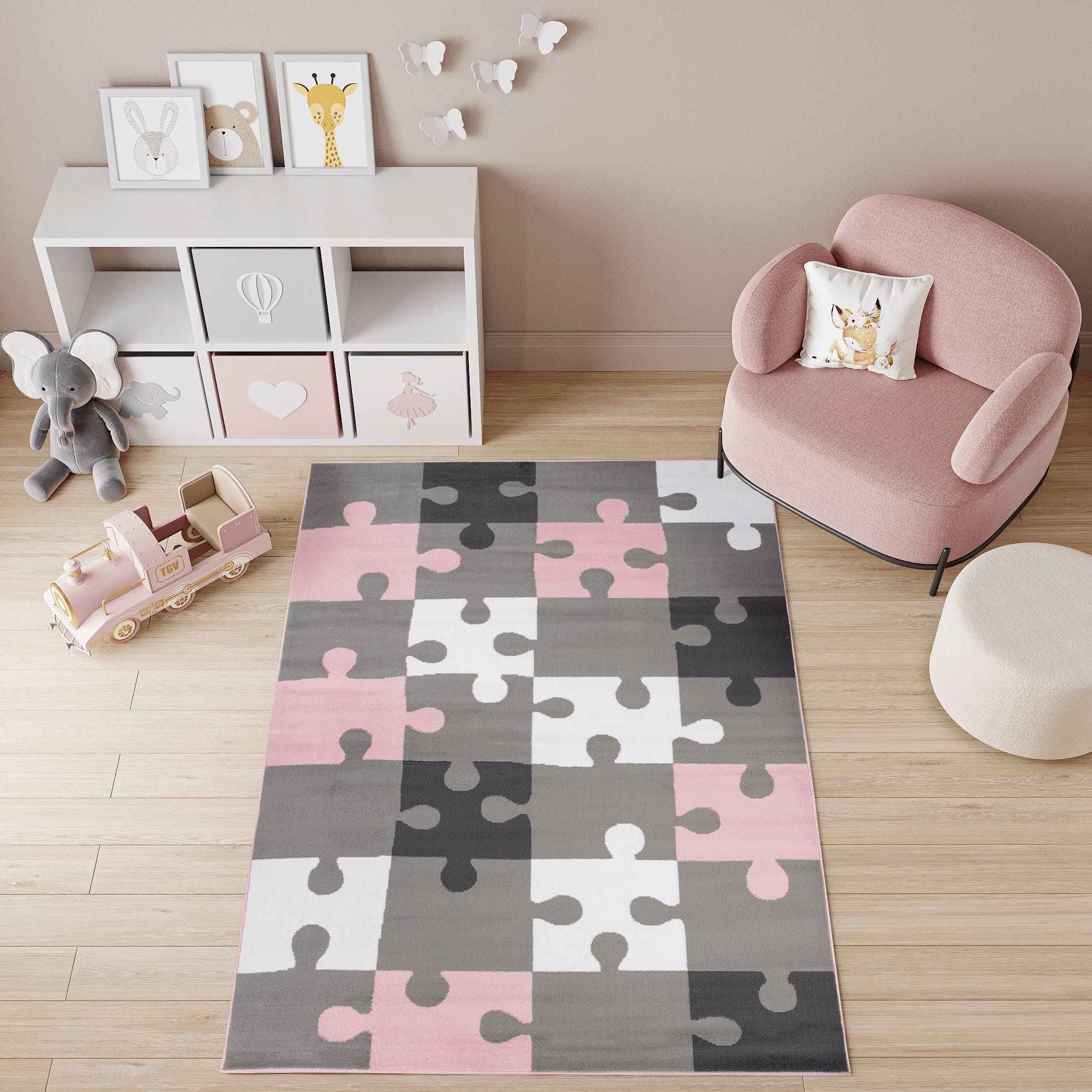 TAPISO Pinky Tappeto per Cameretta dei Bambini Rosa Grigio Bianco  Geometrico Puzzle Gioco 180 x 250 cm