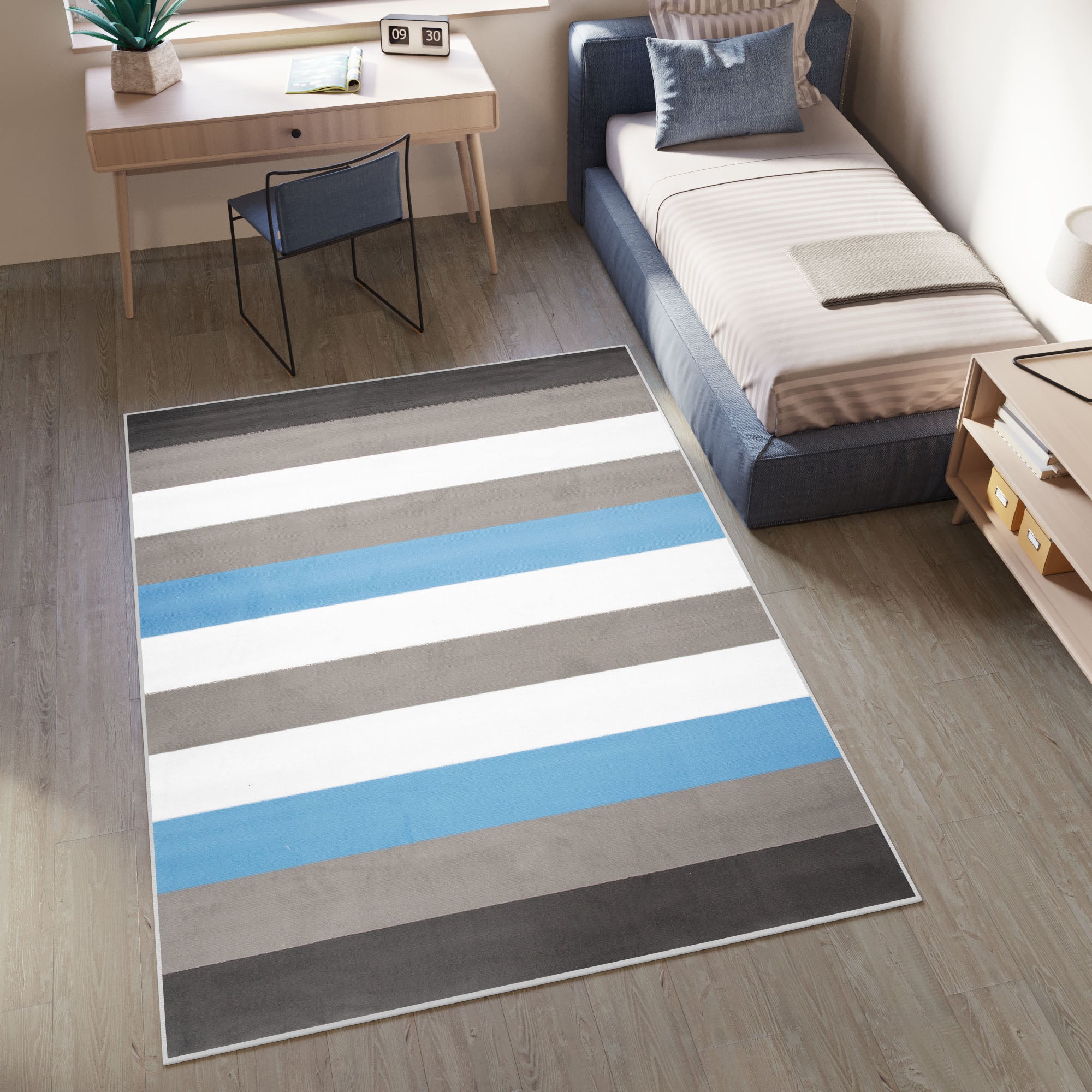 TAPISO Pinky Tappeto per Cameretta dei Bambini Bianco Grigio Blu Strisce Sottile  80 x 150 cm