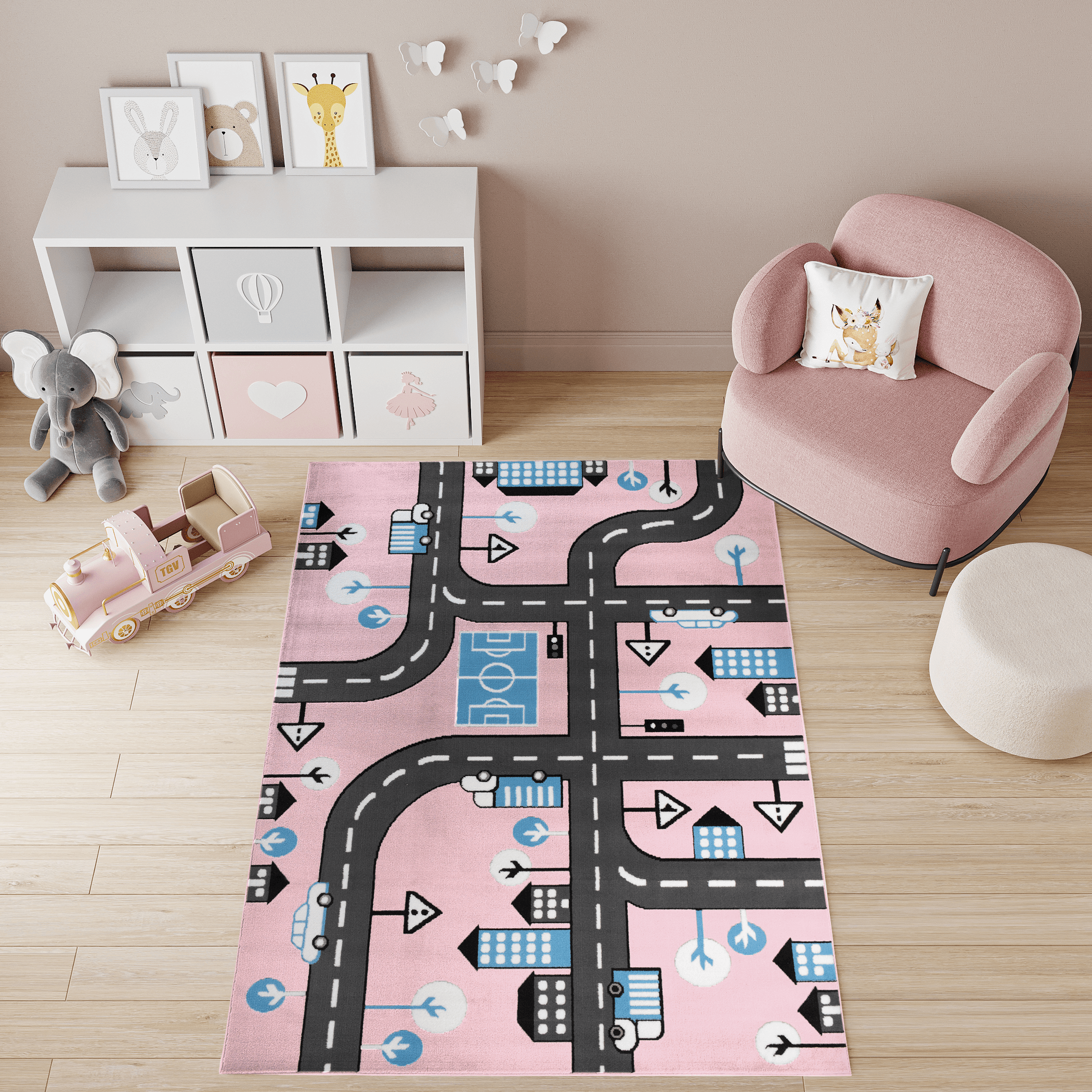 TAPISO Pinky Tappeto per Cameretta dei Bambini Rosa Grigio Blu Circuito  Strada Gioco Sottile 200 x 300 cm