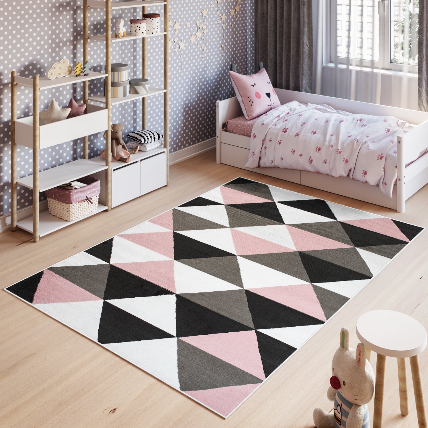 TAPISO Pimky Tapis de Salon Chambre Rosa Grigio Bianco Nero Geometrico  Triangoli 180 x 250 cm