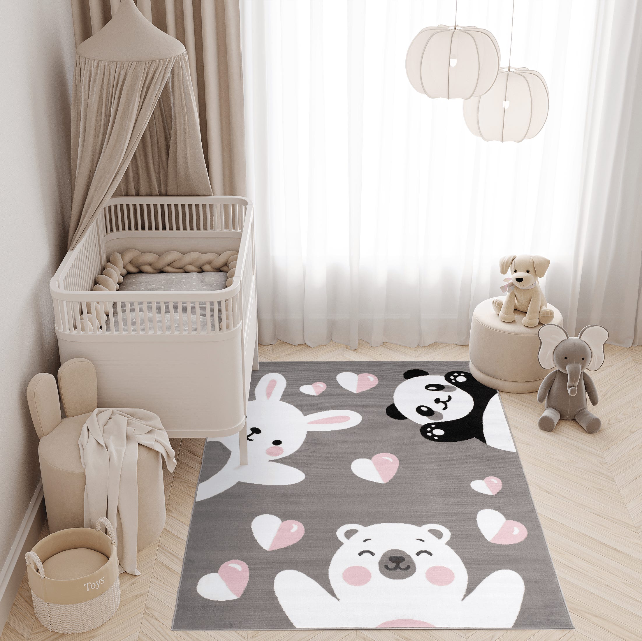 TAPISO Pinky Tappeto per Cameretta dei Bambini Grigio Bianco Nero Rosa Orso  Panda Coniglio Gioco 160 x 220 cm