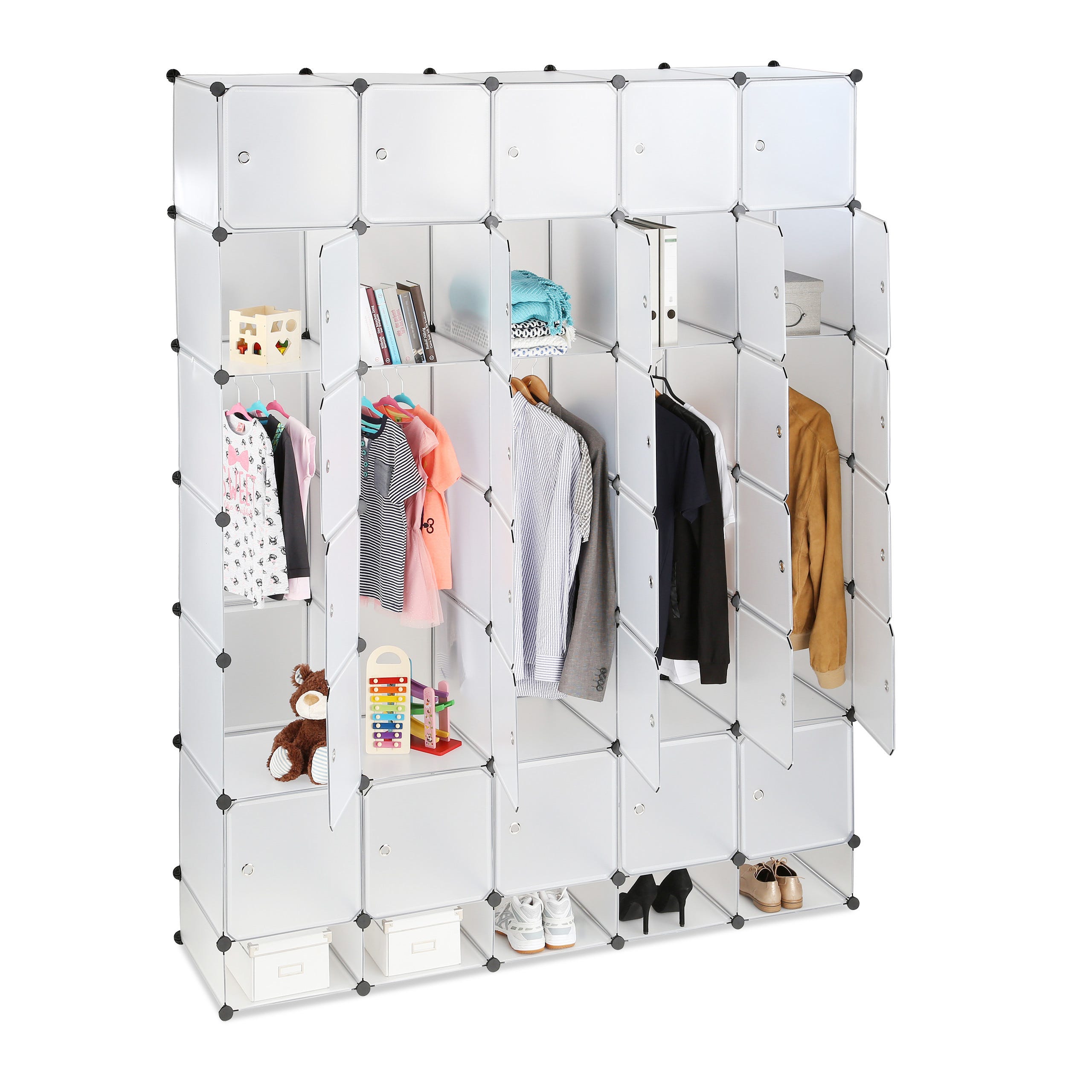 Relaxdays Penderie armoire cubes étagère rangement 25 casiers plastique  modulable DIY Hxl 234x180 cm, transparent
