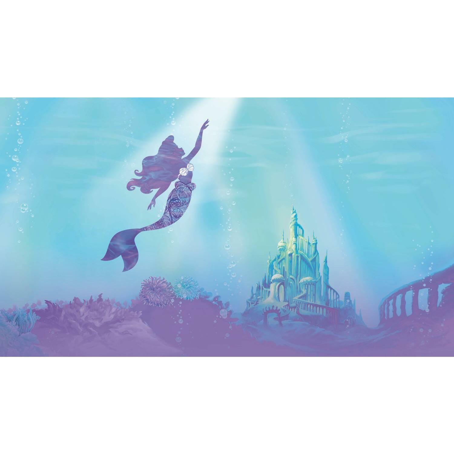 Papier peint panoramique auto-adhésif Disney Ariel La Petite Sirène sous la  mer avec fond château - 3.2 m x 1.83 m