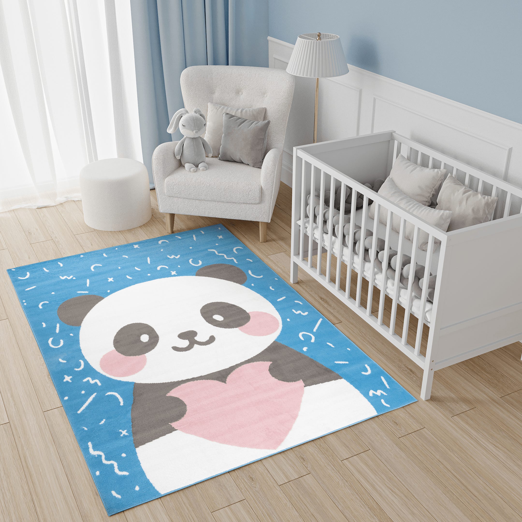 TAPISO Jolly Alfombra Habitación Infantil Bebe Moderna Azul Rosa Blanco  Panda Juego Resistente Fina 80 x 150 cm