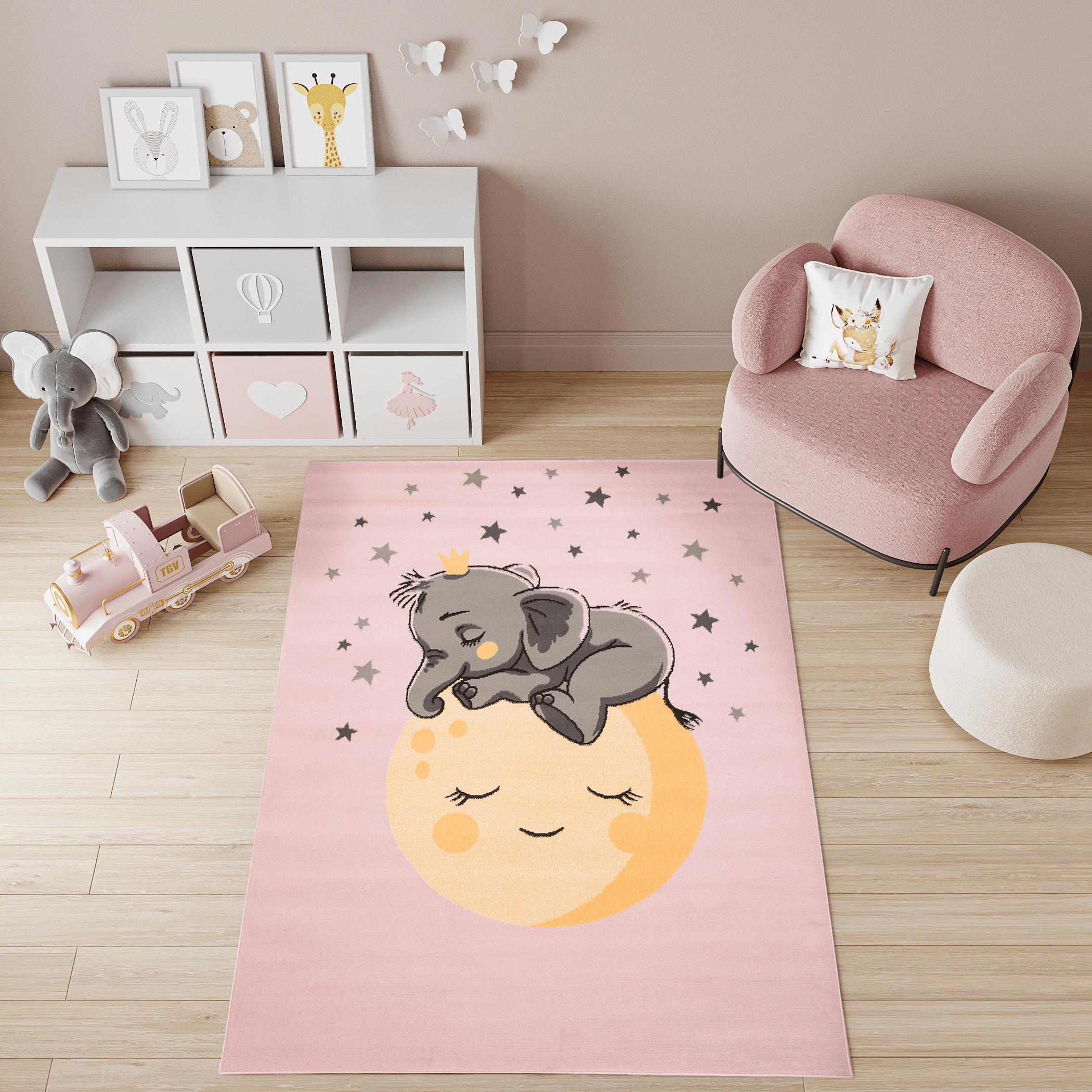 Gris y rosa, los colores de una alfombra para el cuarto del bebe •