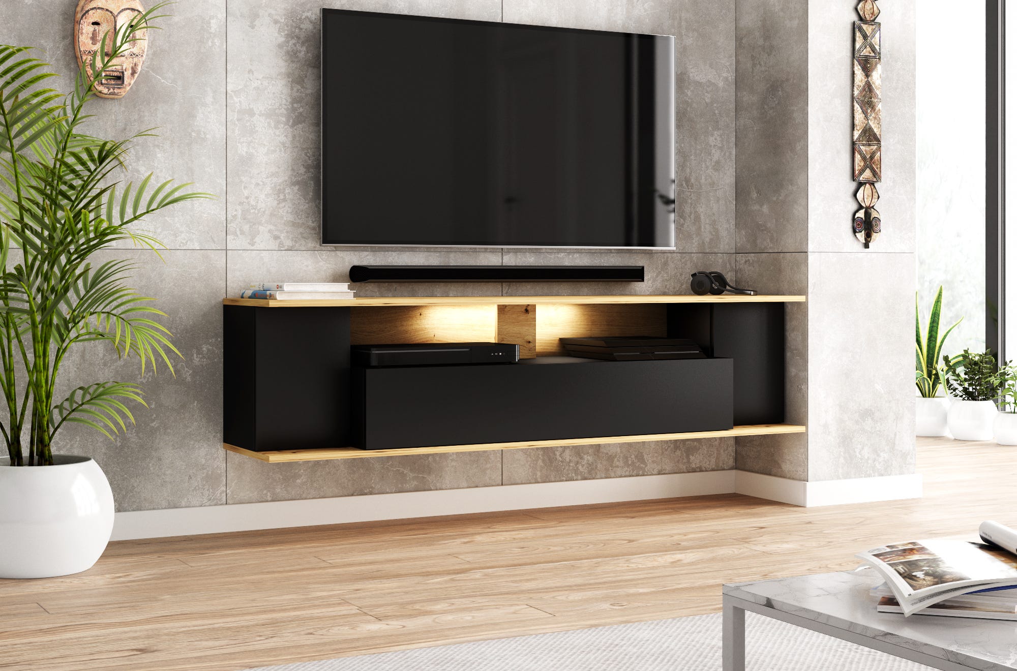 Vivaldi meuble TV suspendu Rob - 160 cm - chêne artisan / noir mat - avec  LED - style moderne