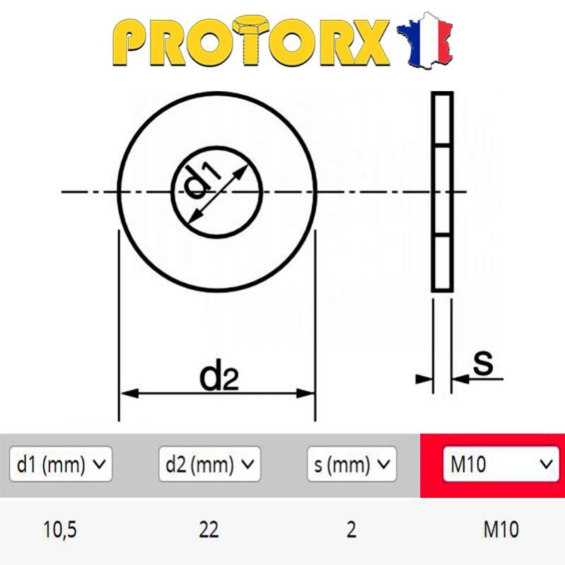 RONDELLE Plate MOYENNE M10 x 20pcs | Diam. int = 10,5mm x Diam. ext = 22mm | Acier Inox A2 | Usage Exterieur-Intérieur | Norme NFE 25514 | PROTORX - 2