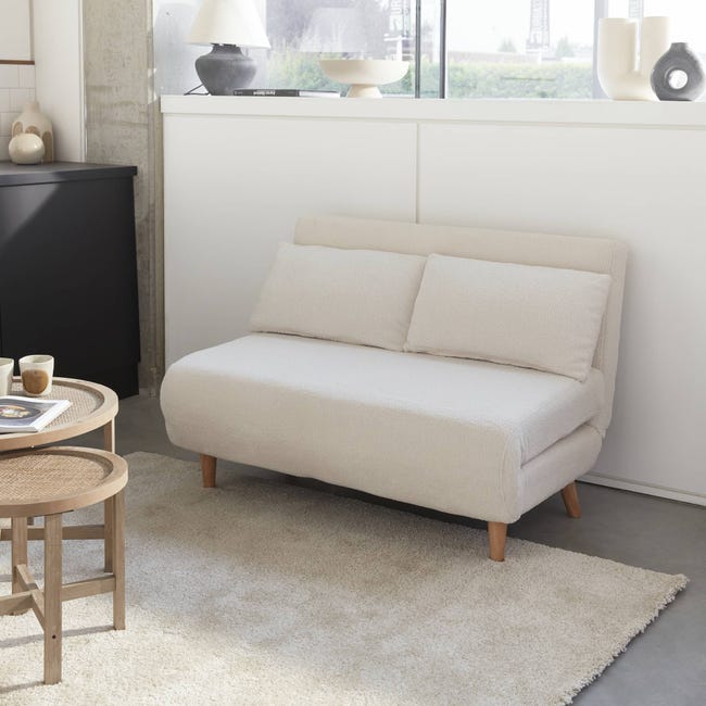 Sofá cama de tejido rizado blanco - Guesta - Sofá escandinavo de 2 plazas,  patas de madera oscura, asiento corrido, respaldo reclinable | Leroy Merlin