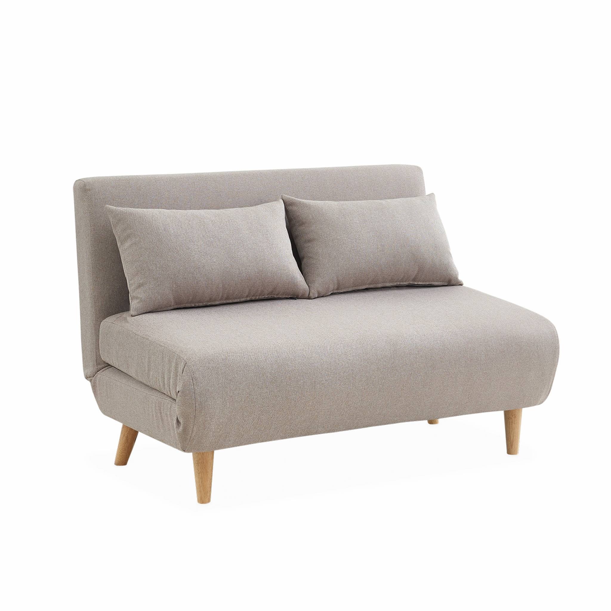 Canapé Convertible En Tissu Guesta 2 Places Scandinave Pieds Bois Foncé Beige Banquette 