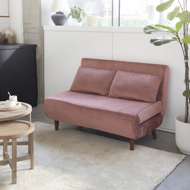 Sofá cama de 2 plazas de color rosa viejo - Guesta - patas de madera,  asiento de banco, respaldo reclinable | Leroy Merlin