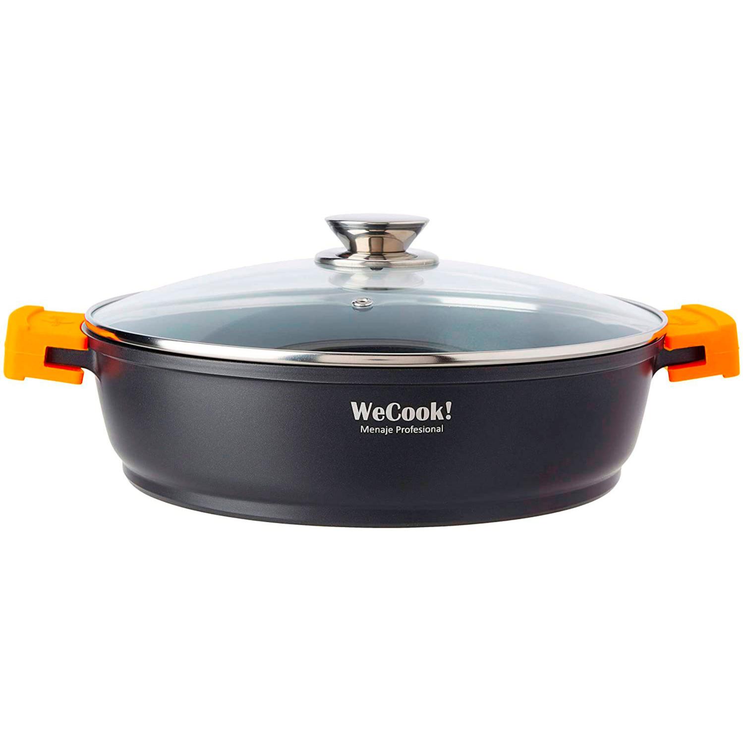 Cazuela baja inducción 24cm tapa de cristal antiadherente ecológico sin pfoa aluminio fundido wecook negro ecochef