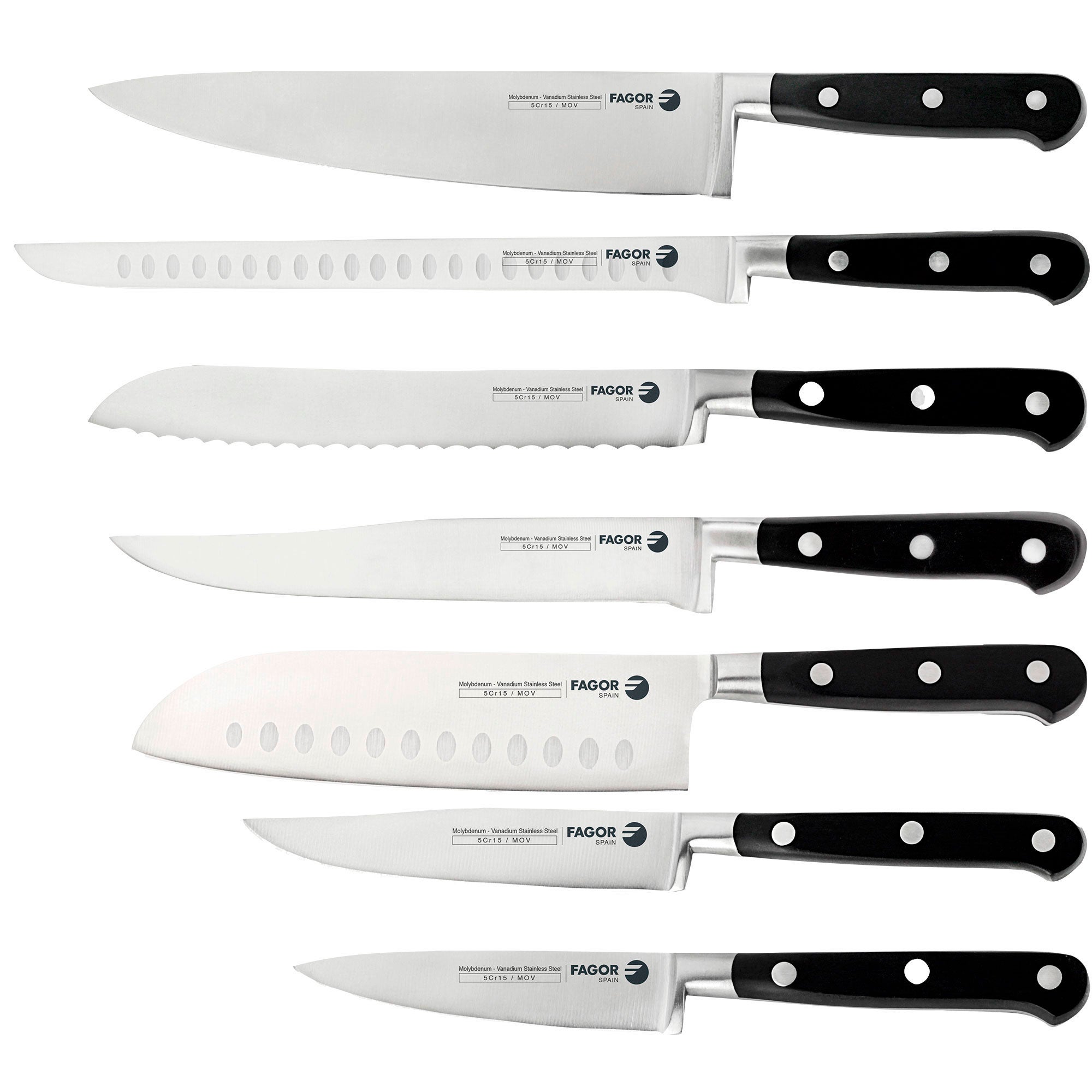 Juego 7 cuchillos cocina profesional, hoja acero inoxidable, cocinero, jamonero, pan, santoku, fagor, acero inoxidable / negro, , couper