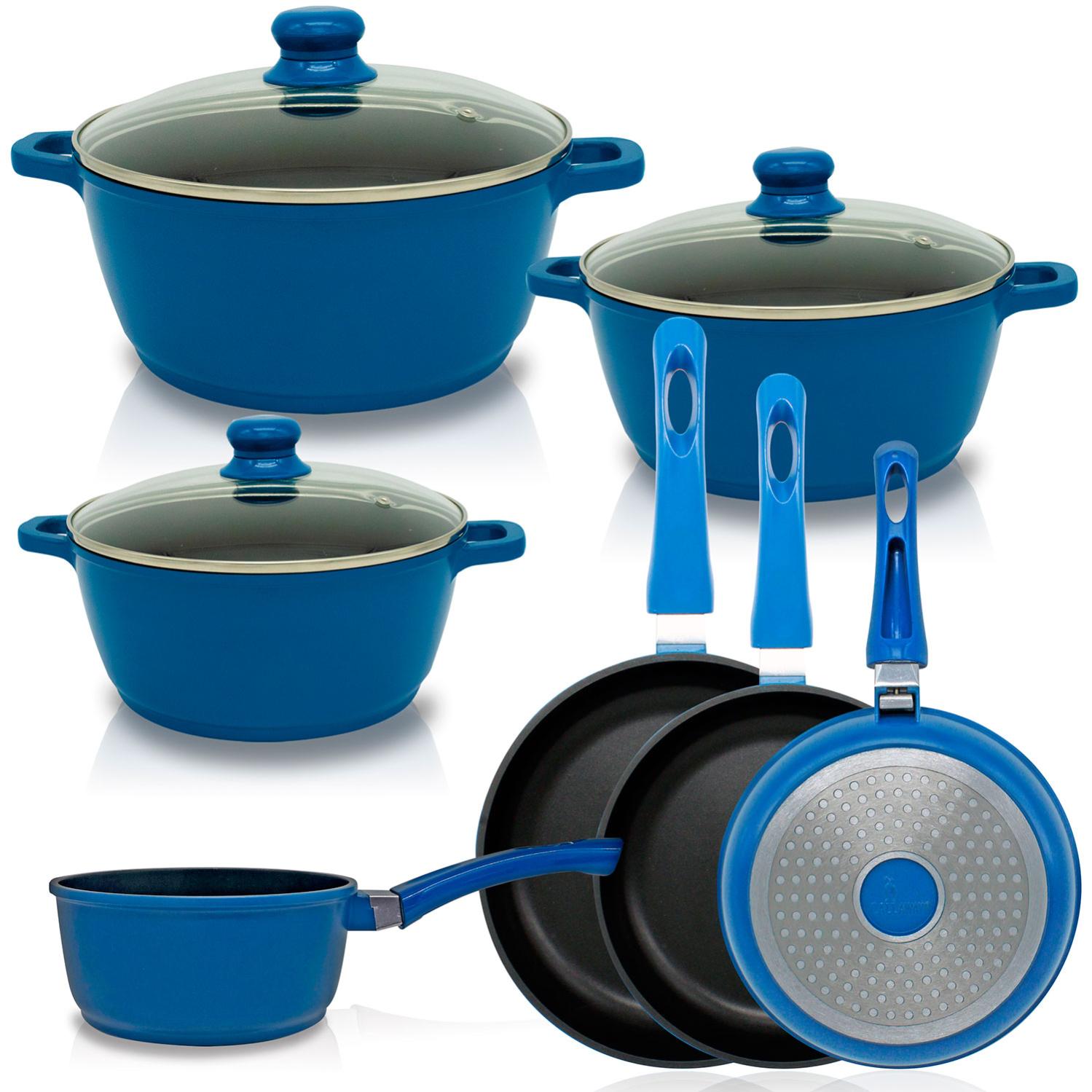 Batería cocina inducción 7 piezas aluminio fundido antiadherente cazuelas tapas sartenes cazo callaway azul indigo