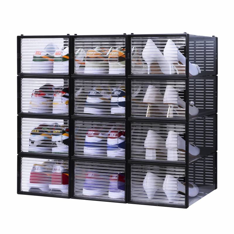 Lot de 12 Boîtes à Chaussures/Rangement Empilables transparentes/blanches  en Plastique avec porte et aération 33.4x23x14cm