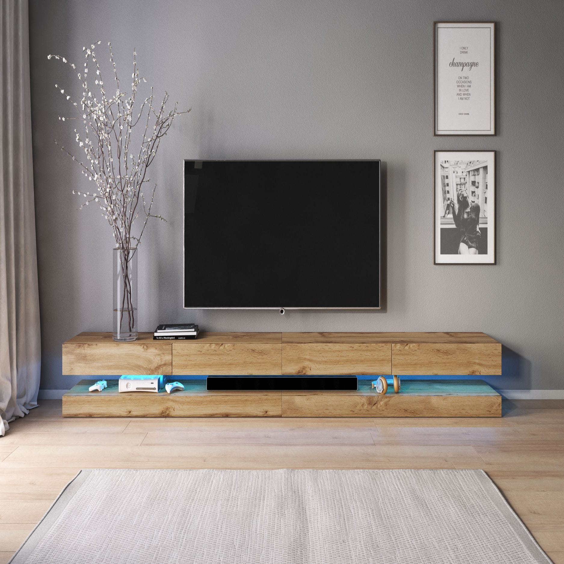 Vivaldi meuble TV suspendu - 280 cm - chêne wotan - avec LED
