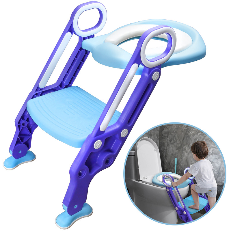Siège De Toilette Réducteur Pour Enfants Avec Marches - Hauteur Réglable (16.5/22.5cm) - Pliable - Supporte Jusqu'à 75kg - Matériau PP/TPR (Bleu-Vert)