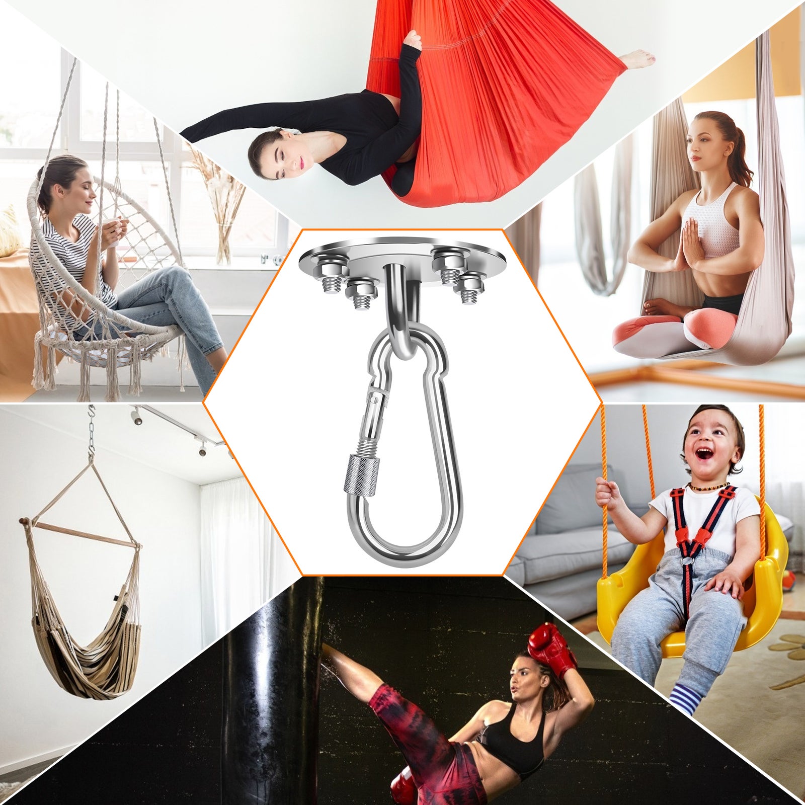 2X Crochet de Plafond 450KG Capacité Murale pour Hamac Suspendu Yoga Chaise  Accrochante et Sac de Boxe Acier Inoxydable Kit
