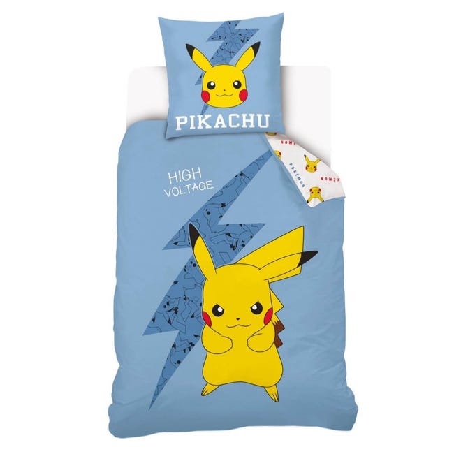 Housse De Couette Pikachu Pokémon 140x200 cm + 1 Taie d'oreiller 63x63 cm -  100% Coton - Vert Sauge