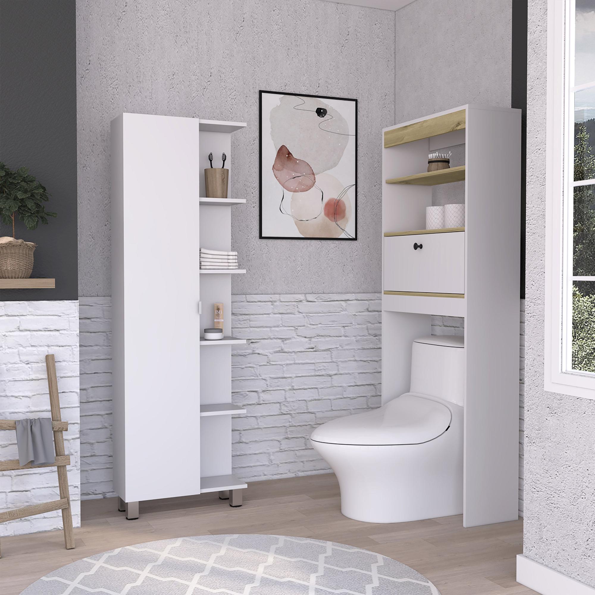 ALIMORDEN Scaffale Sopra WC Con 2 Ante Scorrevoli E 3 Ripiani, Bagno, Stile Fattoria, 76x17x122 Cm