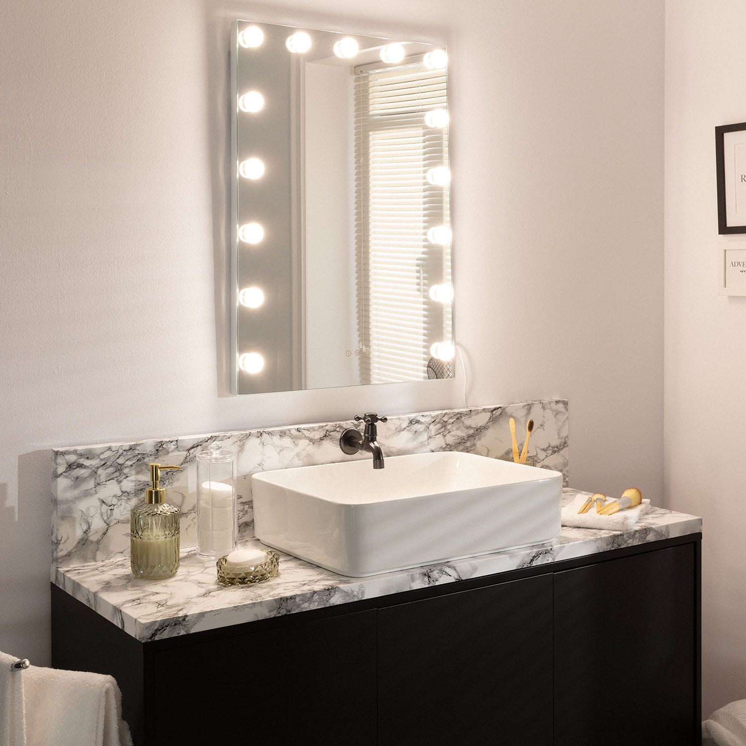 EMKE Hollywood miroir de courtoisie avec lumière, 60x51.6cm rectangulaire  blanc, miroir de coiffeuse pivotant à 360°, avec 3 lumières dimmables