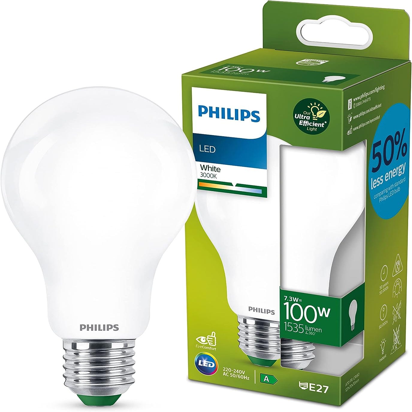Philips ampoule LED Ultra Efficient culot E27, classe énergétique A, 100W,  3000K Blanc, dépolie, verre