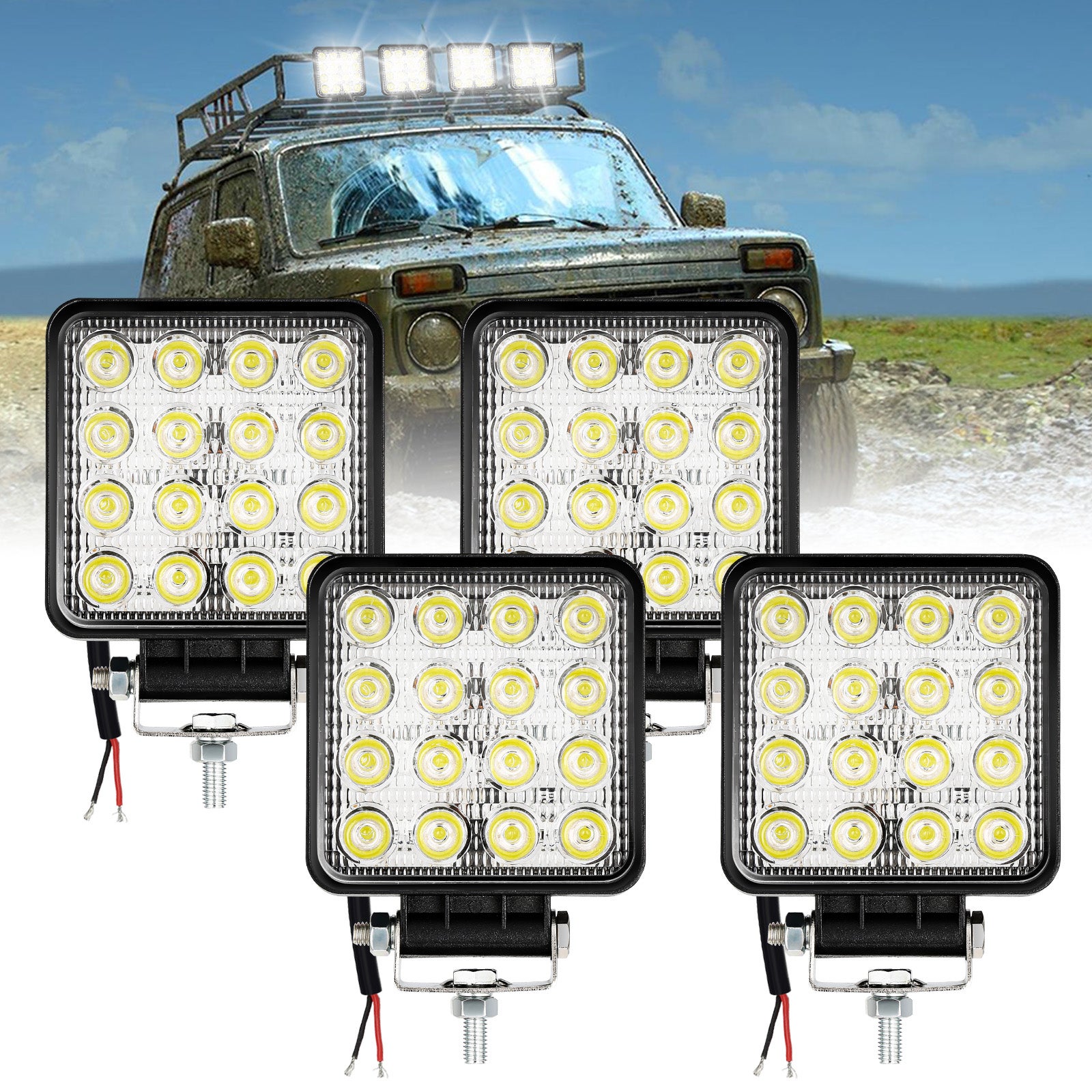 4 x phare de travail LED 12V 24V Feu de Travail 16 LED 48W, Lumières de  travail hors route profondeur étanche IP67 pour tracteur de moto voiture