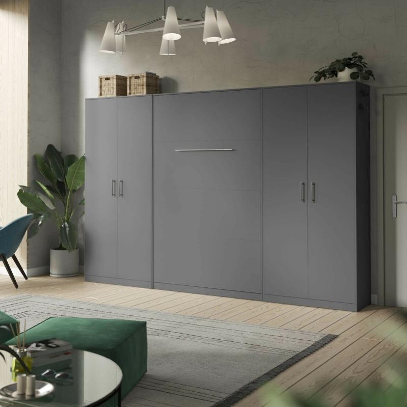 BB Loisir Lit Escamotable + 2 Placards Vertical 140x200+(80x2) Cm Rabattable Mural Supérieur Blanc/Chêne Sauvage