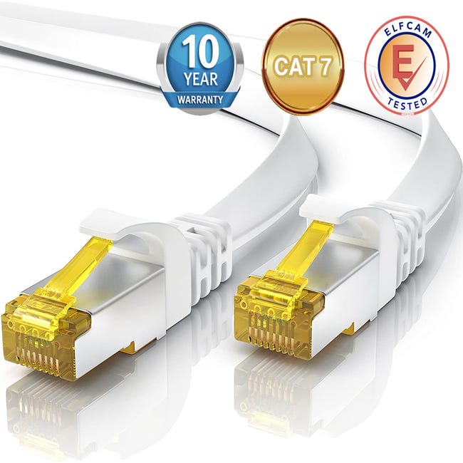 Elfcam® - Cat7 Cable Reseau Ethernet avec Connecteurs RJ45,Cable Plat, 4  Paires Torsadee Blindee, Haut Debit Jusqu'a 10 Gbps (8m, Blanc)