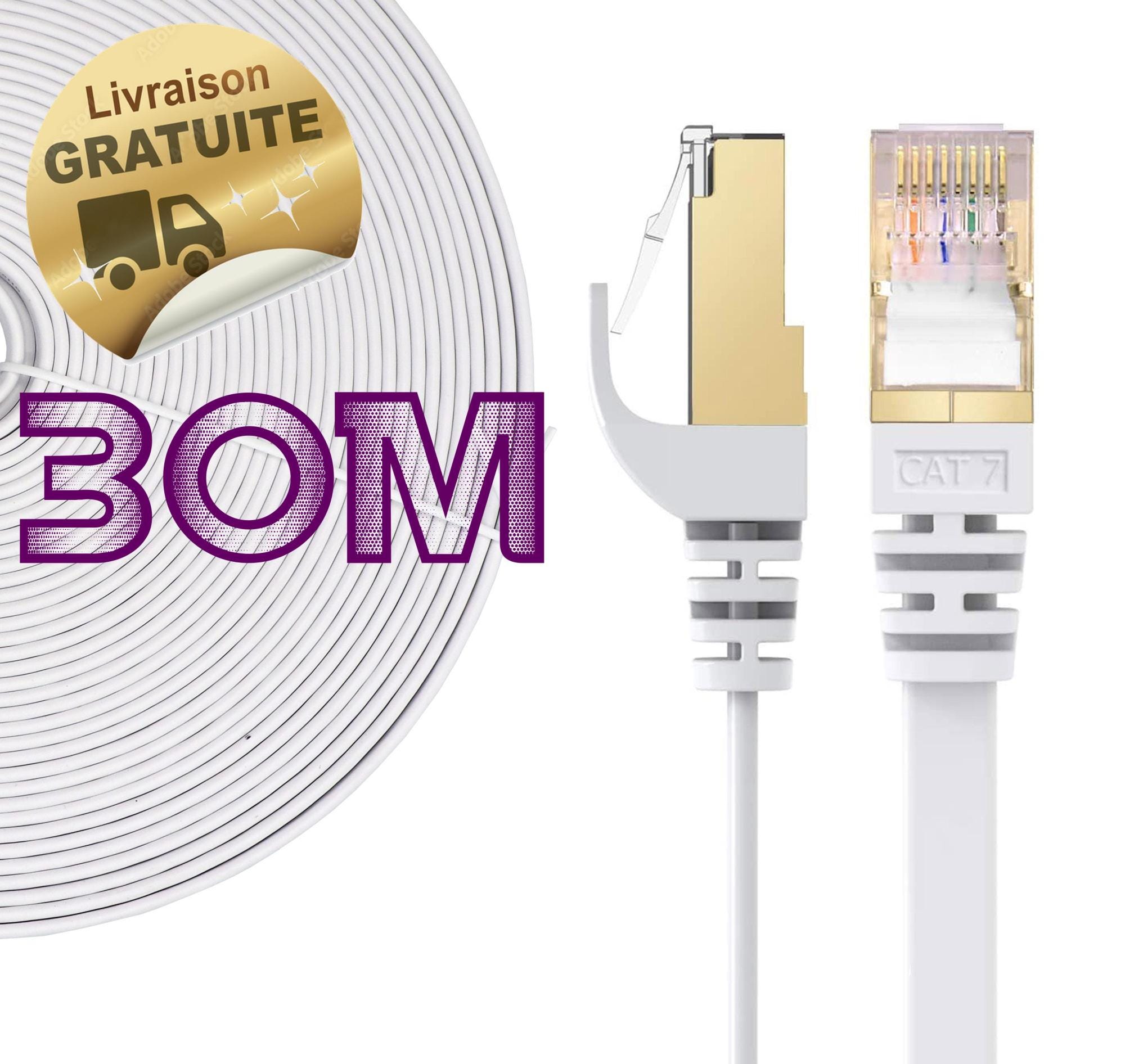 30m - Câble Réseau Ethernet RJ45. Cat 7 STP 100% Cuivre. Câble Plat. 32 ...