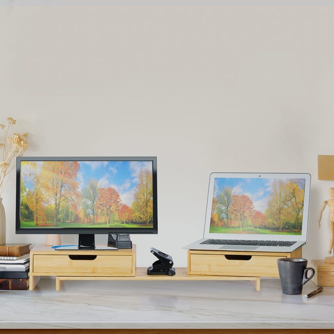 Relaxdays Support de moniteur, bambou, rehausseur écran bureau, 7  compartiments, dessous PC, HLP 8,5x60x30 cm, naturel