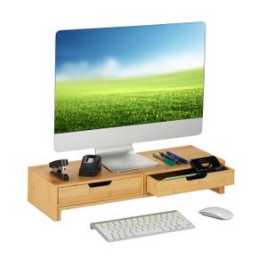 Relaxdays Supporto per Monitor in Bambù, con Scomparti, Autoportante, Base  Rialzata per PC e Scrivania, Color Naturale