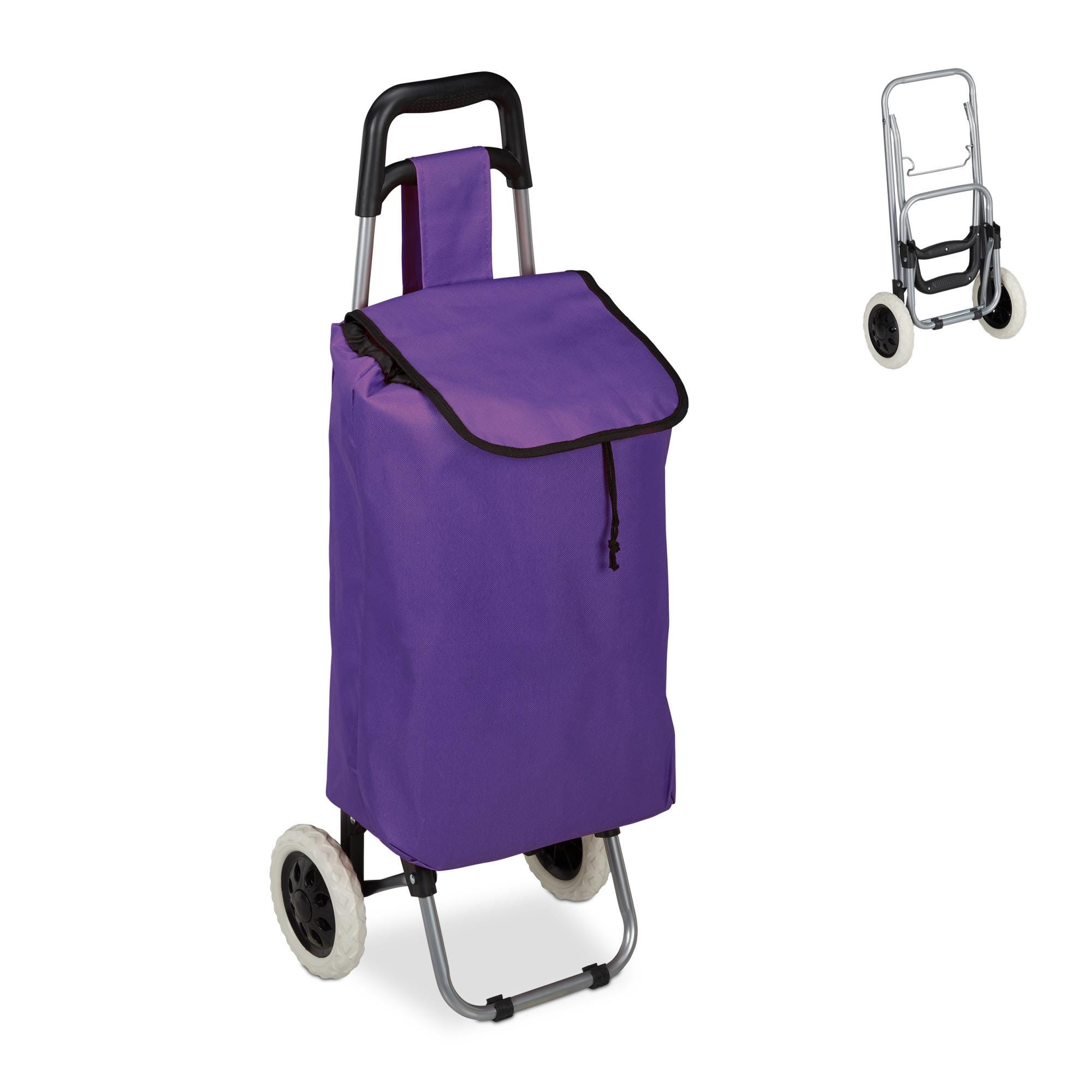 Relaxdays Chariot de courses, pliable, 25 L sac d'achats avec roulettes,  chargeable jusqu'à 10 kg, 91 x 40 x 30cm,violet