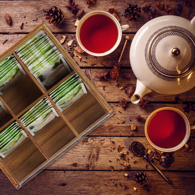 Relaxdays Boîte à thé, effet bois, 7 compartiments rangement