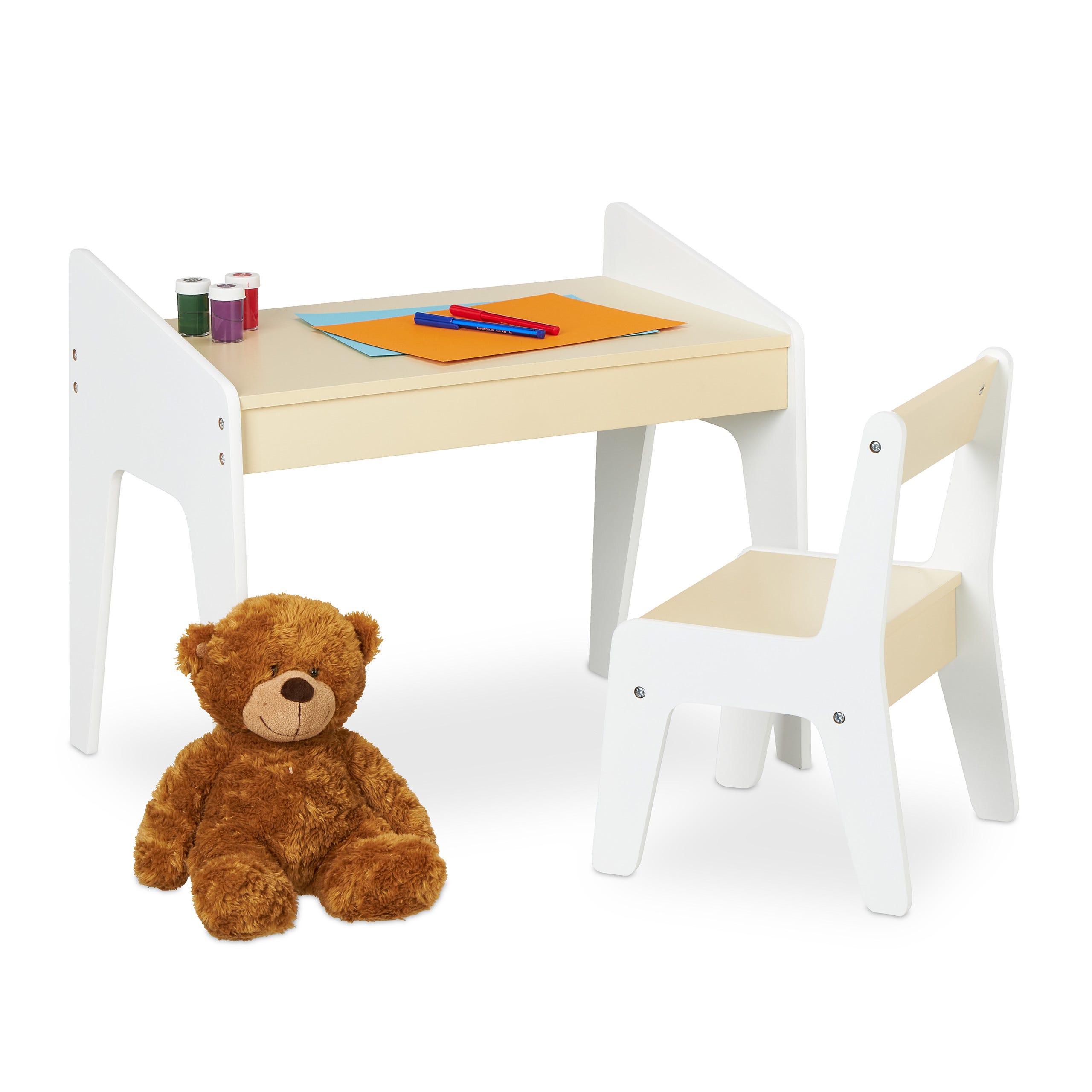 Relaxdays Tavolino da Bambini con Sedia, Set di Tavolo con Seggiola, per  Cameretta, Bimbi e Bimbe, in MDF, Beige Bianco