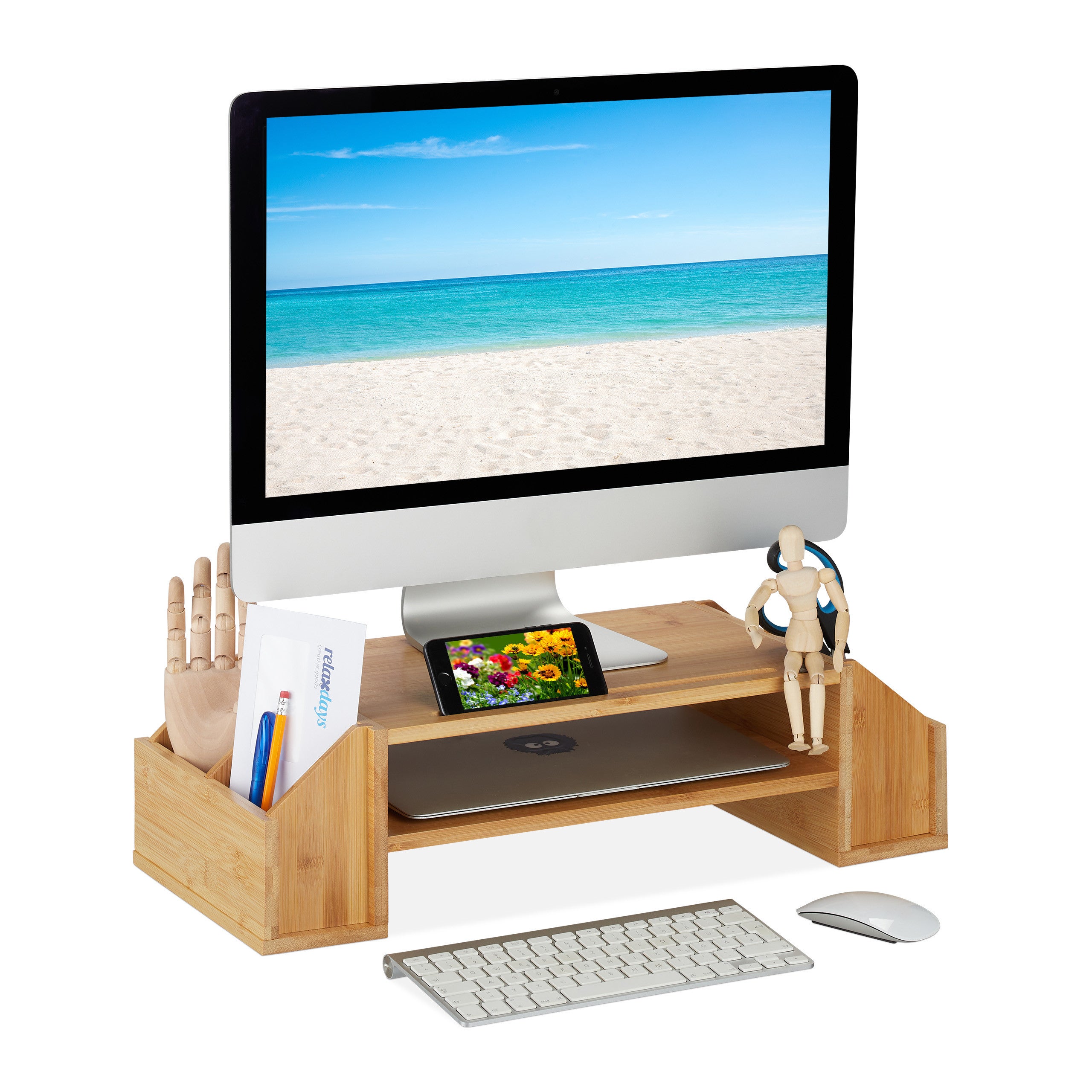 Relaxdays Support d'écran en bambou, 5 tiroirs, réhausseur d'écran d' ordinateur/laptop, HxLxP : 13 x 70 x 19 cm, naturel