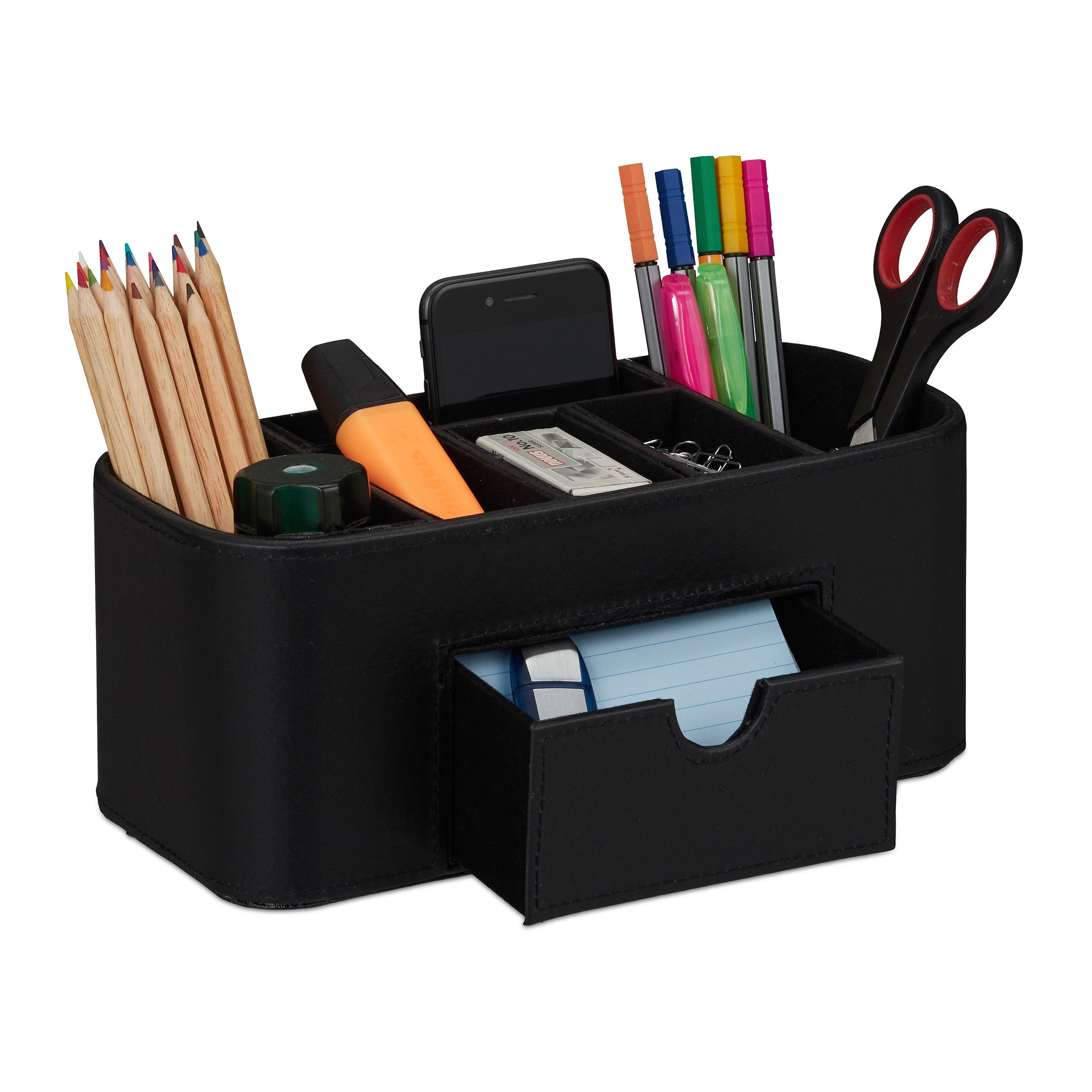 Relaxdays Rangement crayons, organiseur de bureau à l'apparence de cuir, 7  compartiments, 10,5 x 26 x 11,5 cm, noir