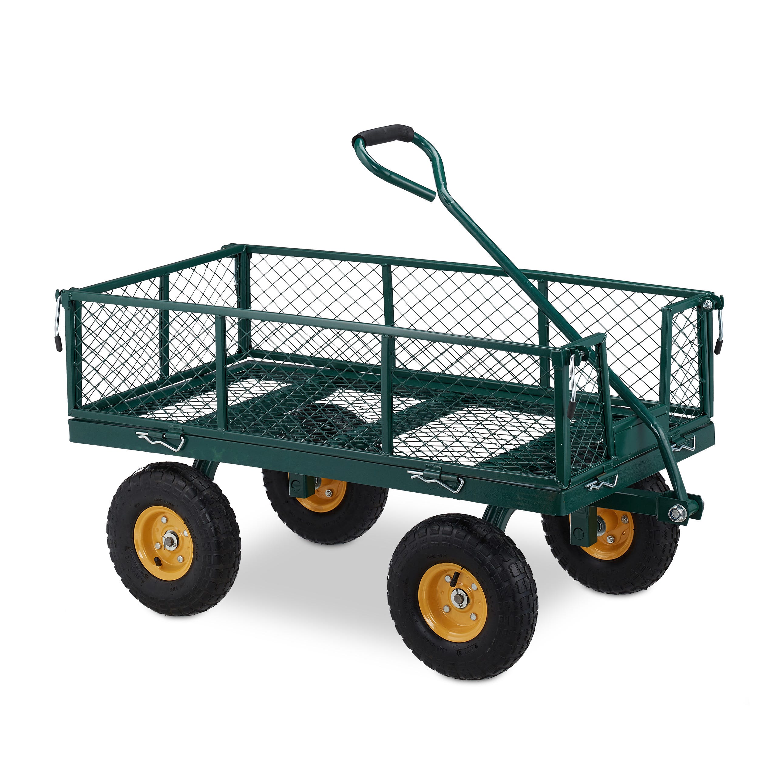 Relaxdays Chariot de transport, sur roues pneumatiques, côtés rabattables,  pour jardin, capacité de 250 kg, vert