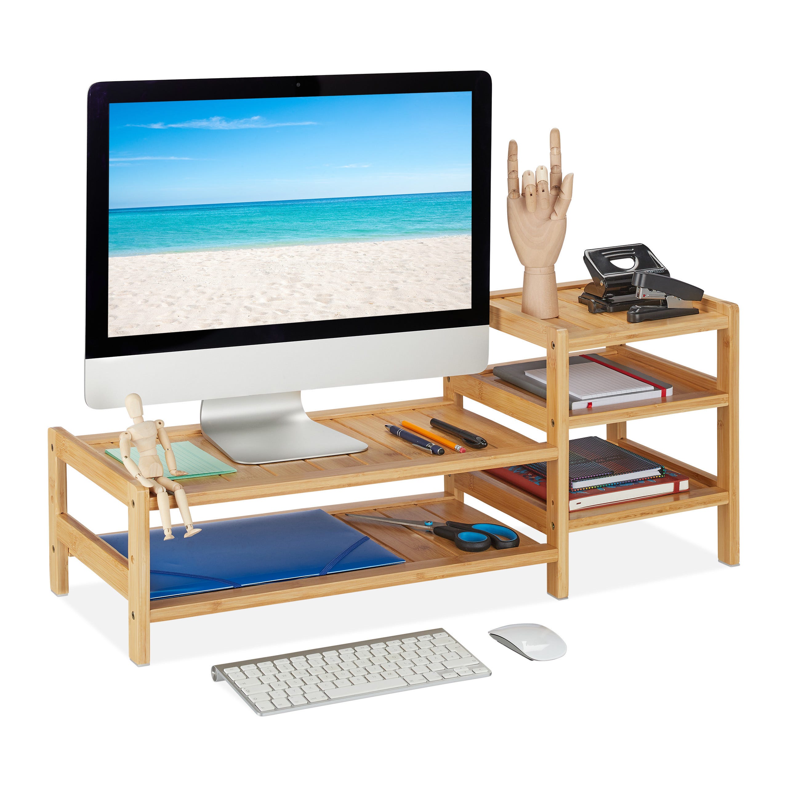 Relaxdays Support de moniteur, bambou, rehausseur écran, 3 compartiments,  porte-ordinateur, HLP : 10,5x41x28 cm, nature