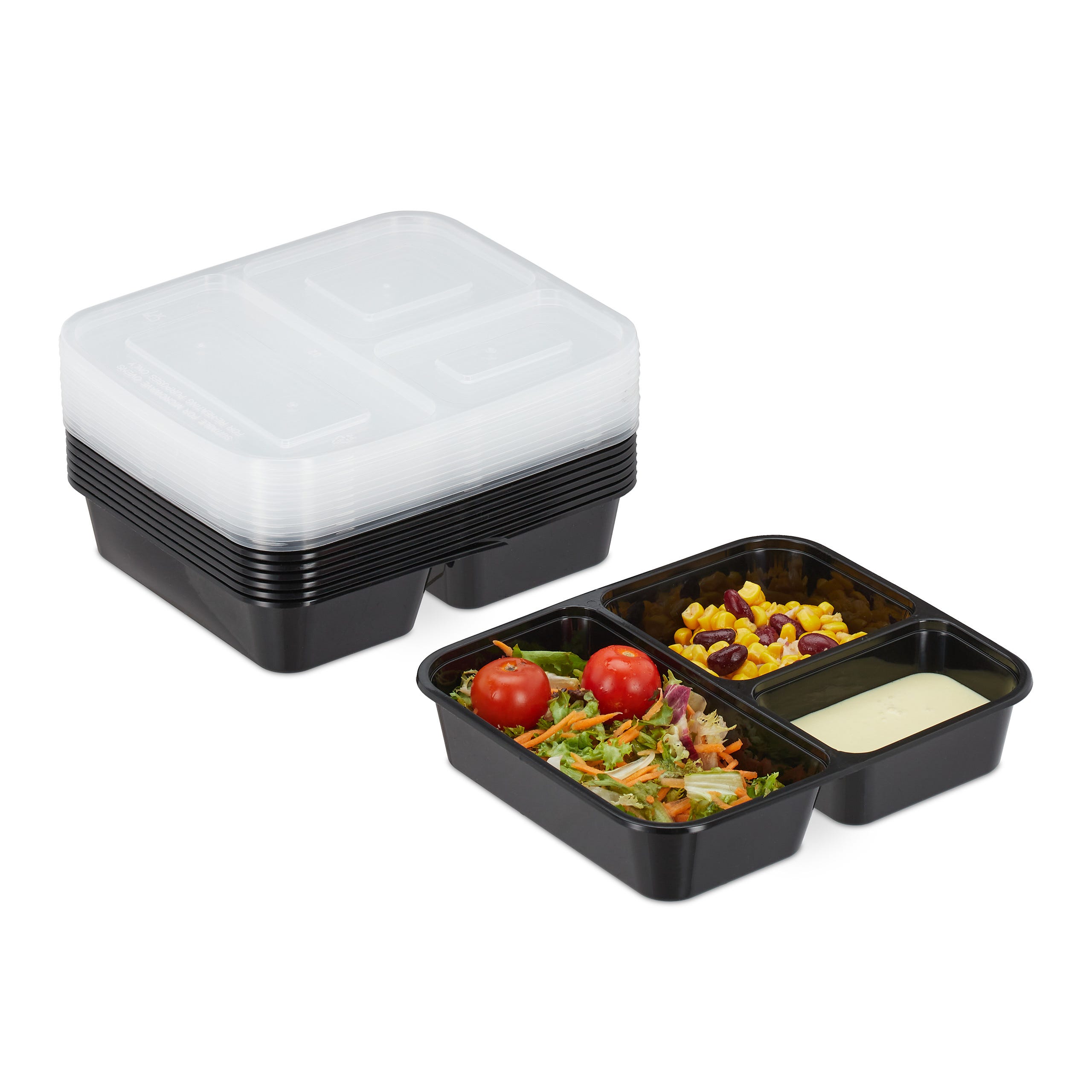Relaxdays Meal prep containers, lot de 10, 3 compartiments, 1000 ml,  micro-ondes, boîte alimentaire avec couvercle, noir