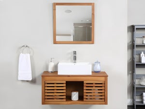Meuble salle de bain en bois d'acacia et marbre aloé Couleur bois clair  Made In Meubles
