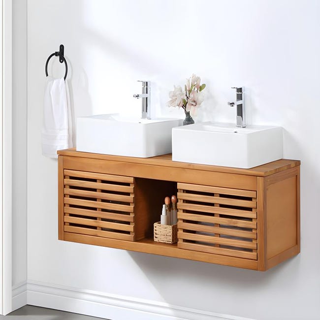Meuble de salle de bain suspendu en bois d'acacia avec double vasque - 130  cm - PENEBEL