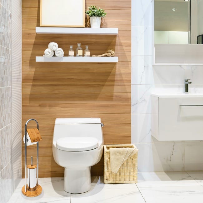 Brosse WC avec support et Dérouleur Papier toilette en métal Noir et Bambou  H 69.5 cm