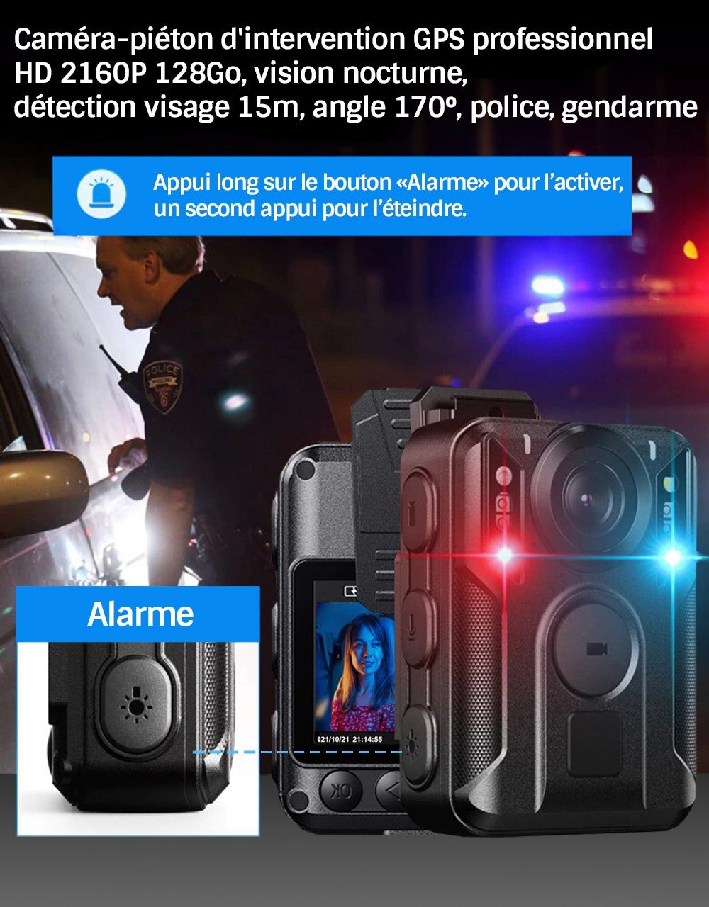 Caméra-piéton d'intervention GPS professionnel HD 2160P 128Go, vision  nocturne, détection visage 15m, angle 170°, police, gendarme